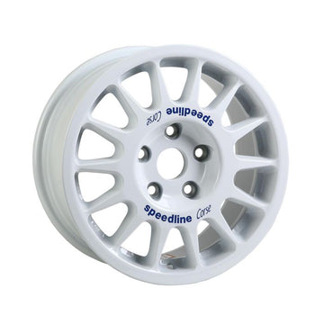 White Speedline Corse 2118 wheel and blue branding for rally applications. 