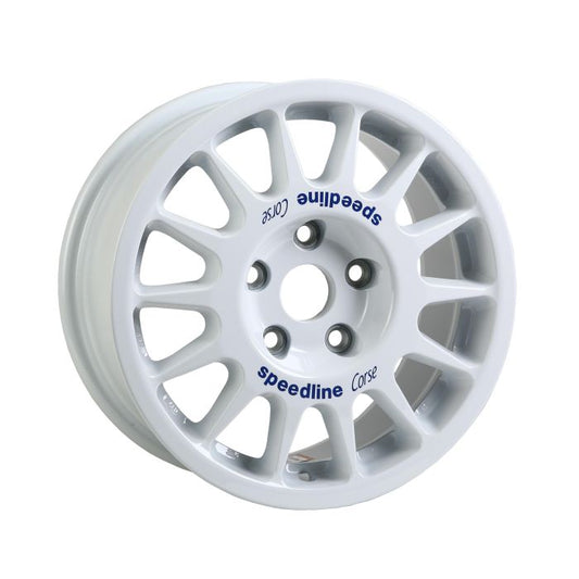 White Speedline Corse 2118 wheel and blue branding for rally applications. 