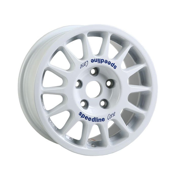 White Speedline Corse 2118 wheel and blue branding for rally applications. 