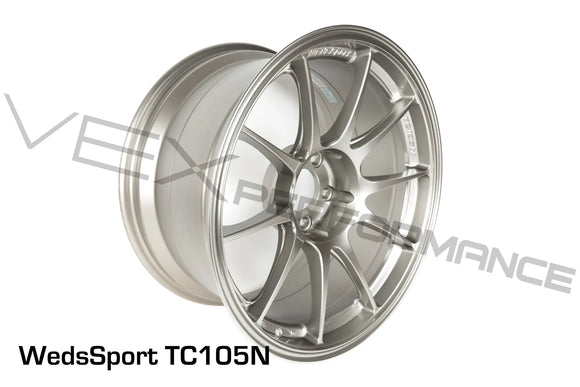 Angled shot of WedsSport TC105N light-weight wheels 18 inch by 9.5 inch for 5x114.3 millimeter  applications, titanium color. 