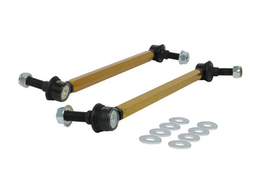 Whiteline front adjustable sway bar links for Toyota GR Corolla models, with included washer set and yellow hardware accents. 