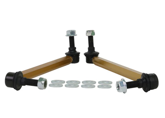 Side shot view of Whiteline front adjustable sway bar links for Toyota GR Corollas. 