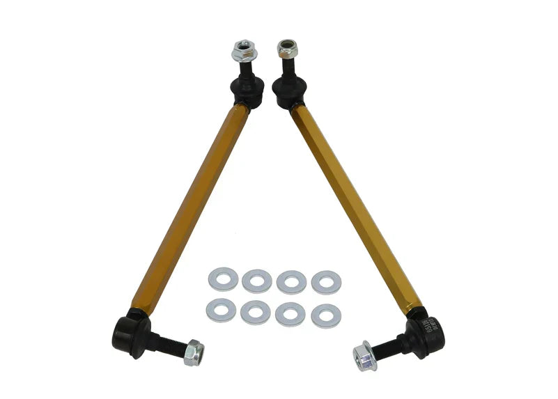 Top-down view of Whiteline front adjustable sway bar links for Toyota GR Corollas. 