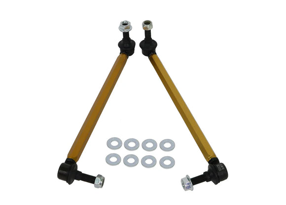 Top-down view of Whiteline front adjustable sway bar links for Toyota GR Corollas. 