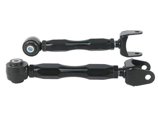 Pair of Whiteline black, metal adjustable, rear lower toe arms for Toyota GR Corollas. 