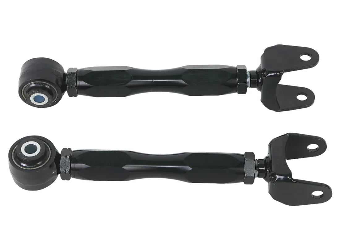 An angled shot of Whiteline black, metal adjustable, rear lower toe arms for Toyota GR Corollas. 