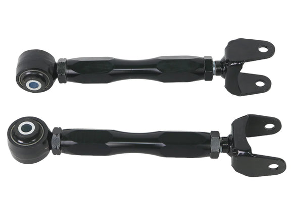 An angled shot of Whiteline black, metal adjustable, rear lower toe arms for Toyota GR Corollas. 