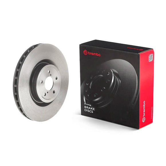 Side shot of Brembo front ventilated rotors for 2004 Subaru STIs.
