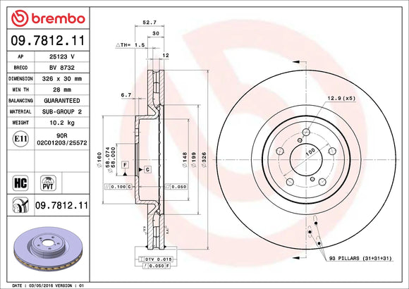 Technical diagram with specs and measurements of Brembo front rotor 09.7812.11.