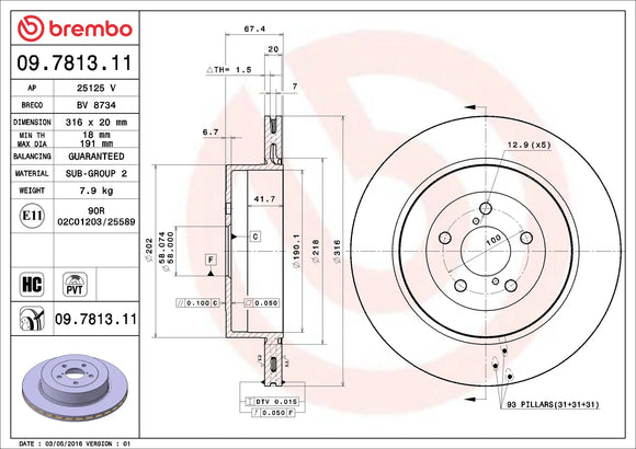 Technical diagram with specs and measurements for Brembo rear brake rotor 09.7813.11.
