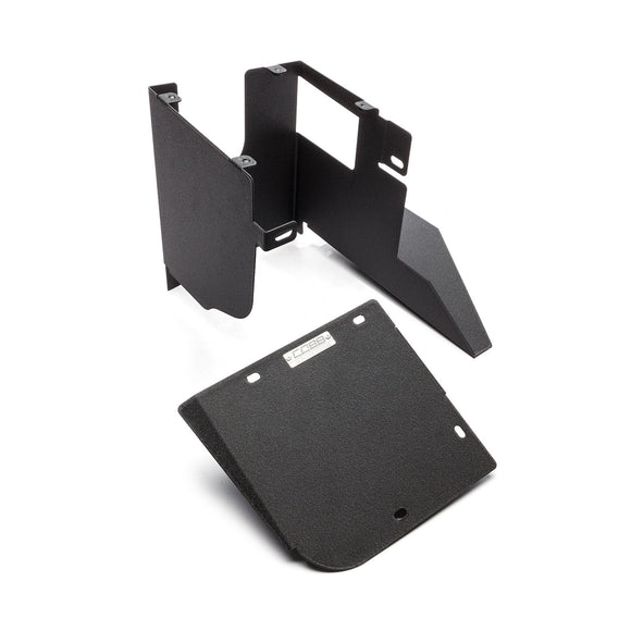 Black metal bracket and mounting plate for COBB SF intake airbox.