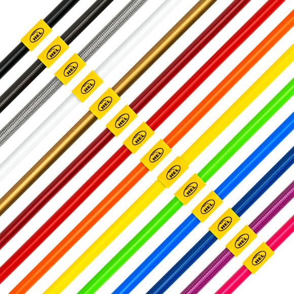 Rainbow assortment of HEL Performance brake lines in all available colors. 