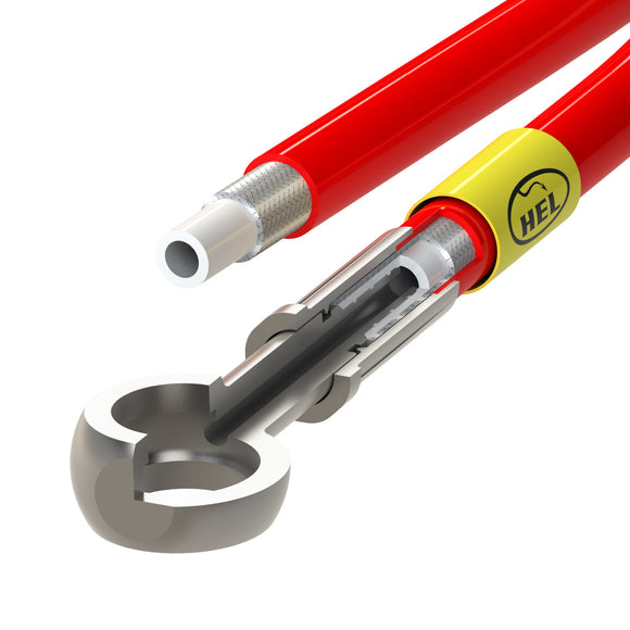Bisection diagram of HEL Performance brake lines showing each individual layer.