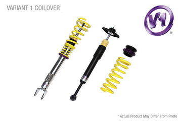 KW V1 high-performance coilover kit for Subaru Legacy 1989-1994 with yellow springs and purple hardware.