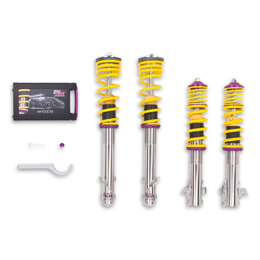 KW V1 high-performance stainless steel coilover suspension system for 2004 Subaru WRX STi models with yellow springs and purple hardware.
