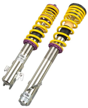 KW V1 high-performance stainless steel coilover suspension system for 2005-2007 Subaru WRX STi models with yellow springs and purple hardware.