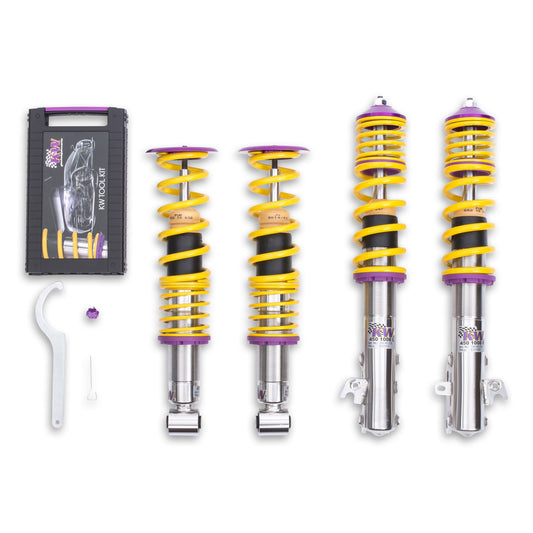 KW V1 high-performance stainless steel coilover suspension system for 2015-2021 Subaru WRX STis with yellow springs and purple hardware.
