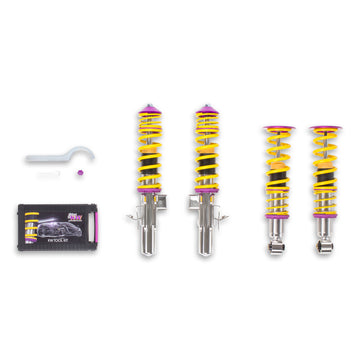 KW V1 high-performance stainless steel coilover suspension system for FT86 Subaru BRZ 2013+ models with yellow springs and purple hardware.
