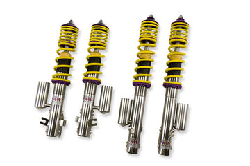 KW V3 high-performance coilover suspension system for 1992-2001 Subaru models with yellow springs and purple hardware.