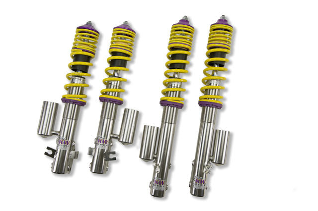 KW V3 high-performance coilover kit for Subaru Legacy 1989-1994 with yellow springs and purple hardware.