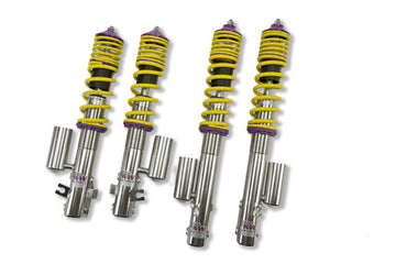 KW V3 high-performance coilover kit for Subaru Legacy 1989-1994 with yellow springs and purple hardware.