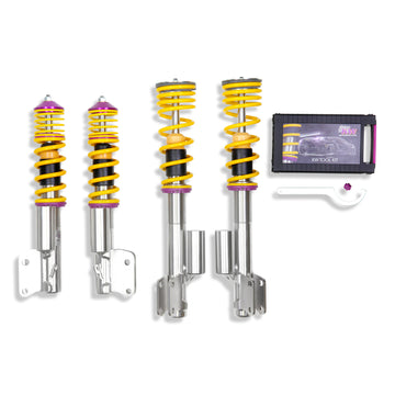 KW V3 high-performance stainless steel coilover suspension system for 2005-2007 Subaru WRX STi models with external piggyback reservoirs, yellow springs and purple hardware.
