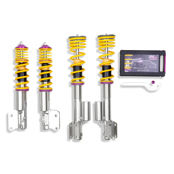 KW V3 high-performance stainless steel coilover suspension system for 2005-2007 Subaru WRX STi models with external piggyback reservoirs, yellow springs and purple hardware.
