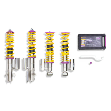 KW V3 high-performance stainless steel coilover suspension system for 2008-2014 Subaru WRX STI models with piggyback reservoirs, yellow springs and purple hardware.