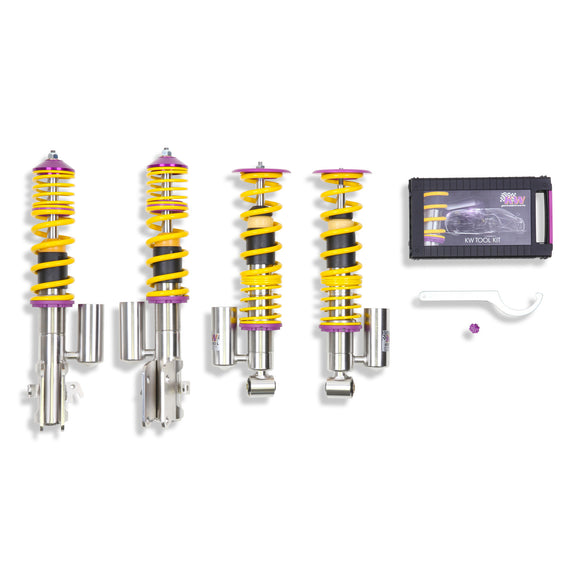 KW V3 high-performance stainless steel coilover suspension system for 2008-2014 Subaru WRX STI models with piggyback reservoirs, yellow springs and purple hardware.