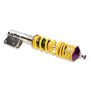 Side shot of the front coilover showcasing the yellow spring and markings. 