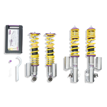 KW V3 high-performance coilover suspension kit for 2015-2021 Subaru WRX STis with yellow springs and purple hardware.
