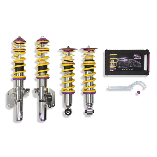 KW V3 high-performance coilover suspension system for FT86 Subaru BRZ 2013+ with yellow springs and purple hardware.