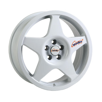 White Speedline Corse 2110 wheel with an orange logo for rally applications.