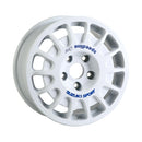 White heavy-duty Speedline Corse 2128 wheel with reinforced spoke plate for rally applications. 