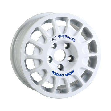 White heavy-duty Speedline Corse 2128 wheel with reinforced spoke plate for rally applications. 