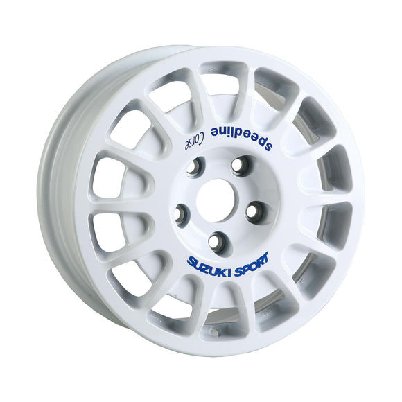 White heavy-duty Speedline Corse 2128 wheel with reinforced spoke plate for rally applications. 